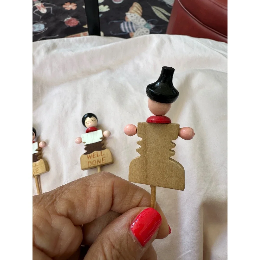 Vintage Wooden Meat Markers Set of 10 Rare Medium Well Done Hand Painted Figures